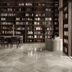 A sophisticated home library with floor-to-ceiling bookshelves in dark wood, contrasted against a herringbone-patterned floor of light Grey Oyster marble.