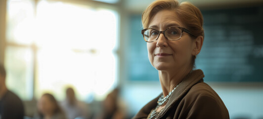 Confident middle-aged woman in glasses in a classroom setting
