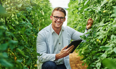 Portrait, man and scientist on farm with tablet for inspection of plant growth, agriculture...