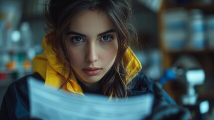 crime scene investigation, a young middle-eastern female detective analyzing evidence at a crime scene with forensic equipment in the background, showcasing a minimalist design with room for text