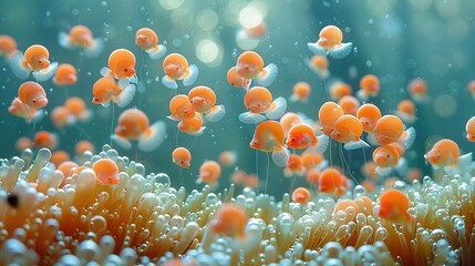   An orange-white school of fish glides atop a sea of green and white anemones