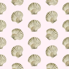 Seamless pattern of watercolor Seashells. Hand drawn illustration of sea Shell on pink background. Ocean Cockleshell marine underwater. Colorful drawing of Scallop. For print decoration, fabric wrapp