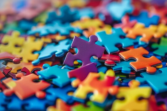 Close-up of vibrant jigsaw puzzle pieces spread out, with one piece standing out
