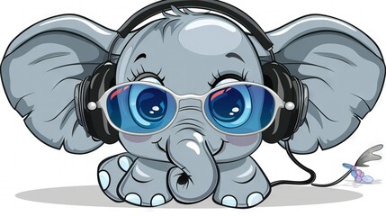   An elephant wearing headphones listens to music with its ears full