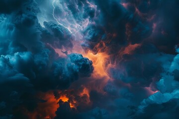 dramatic blue and orange storm clouds with lightning isolated on white weather concept