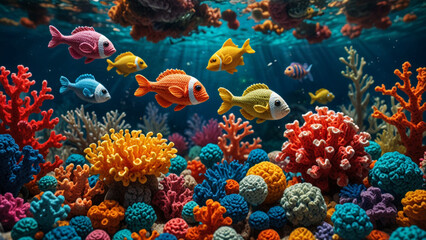 A delightful underwater world scene featuring vibrant coral reefs and a variety of fish, all depicted in charming crochet amigurumi style