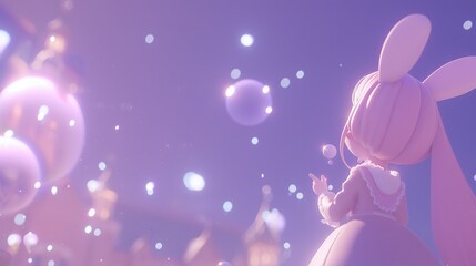 A girl in a dress blows bubbles against a purple-blue sky, with a castle behind her
