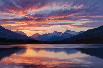 Fototapeta premium Digital painting of a serene sunset over a tranquil lake, framed by majestic mountains. 