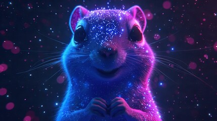   A rat with stars on its face, against a backdrop of pink, blue, and purple