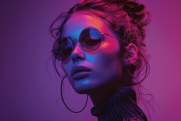 Abstract adornment: A female model with a captivating purple geometric design adorning her features, presented in a minimalistic black and white photo manipulation.