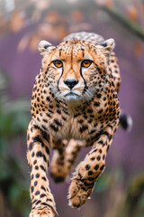 The closeup image captures a powerful and agile cheetah leaping gracefully through the air
