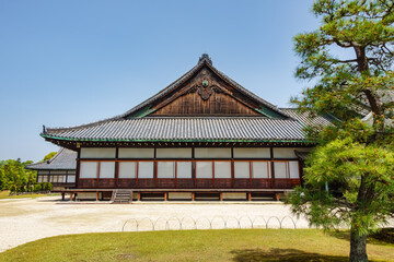 Traditional buildings in the gardens of Nijo Castle in Kyoto.