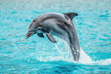 A dolphin is elegantly leaping through the liquid with its fin cutting through the water