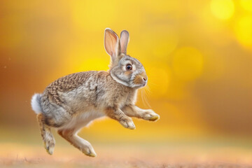 A leap of joy: a rabbit on a bright yellow background