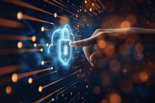 Hand pointing to a glowing cloud icon on a digital interface, symbolizing robust cybersecurity and modern data protection technology