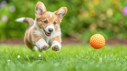 A playful corgi dog energetically jumps to catch a bright orange ball with enthusiasm