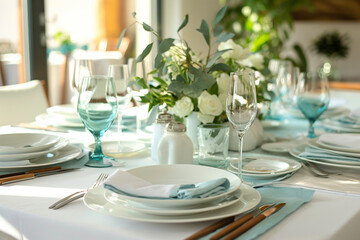 Fototapeta premium Set long table for a white, green and aqua blue wedding dinner decorated interior