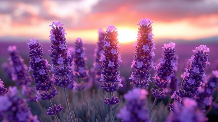   A field of lavender flowers with the sun setting in the distance behind it