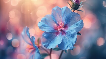   A close-up of a blue flower with blurry lights in the background and a blurry background behind...
