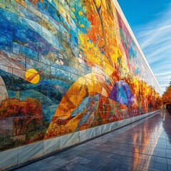 A vibrant mural painted on a smooth marble wall, the colors and images telling a story that bridges...