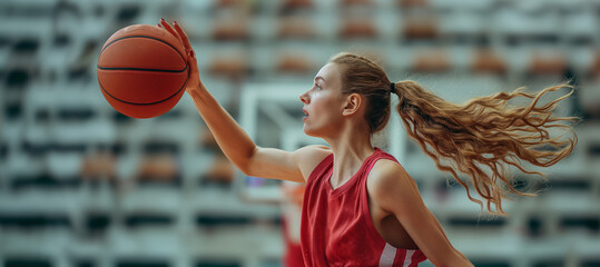 Action shot of female basketball player shooting