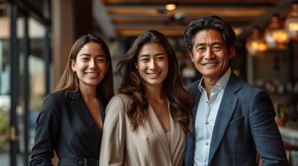Obraz premium Three business managers standing together in a modern office setting, each displaying a different expression of confidence, determination, and collaboration.