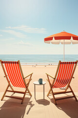 Two dock chairs on a beach next to an umbrella