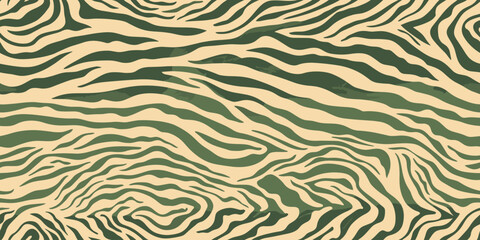Seamless pattern with ink embossed tiger stripes, organic forms. olive green and beige, relief printing technique. Abstract trendy spring, summer dress print. Hand drawn eco nature flat illustration