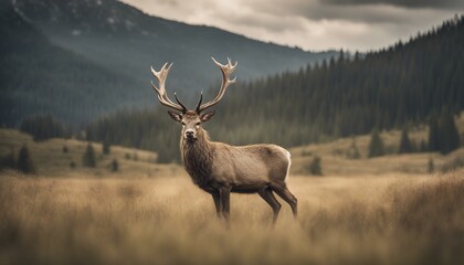 A majestic stag with large antlers stands in a grassy field on top of a mountain.