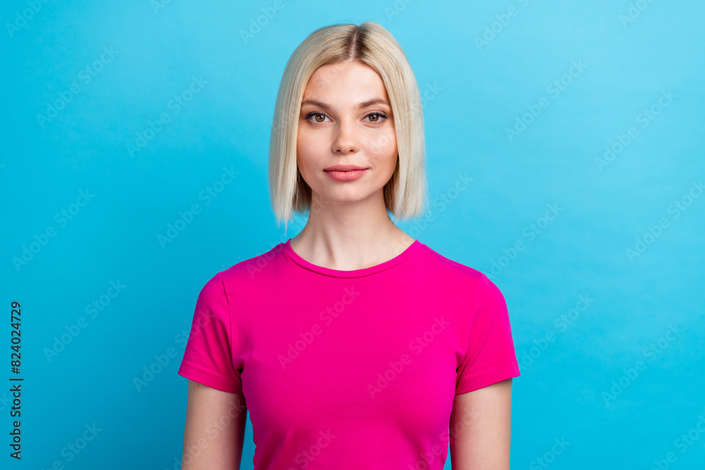 Poster Photo portrait of lovely young lady look camera smile dressed stylish pink clothes isolated on blue color background