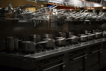 Close up of stainless steel utensils - pots, pans, stoves. cooking equipment in a restaurant kitchen. Training equipment for student chefs, cooks.