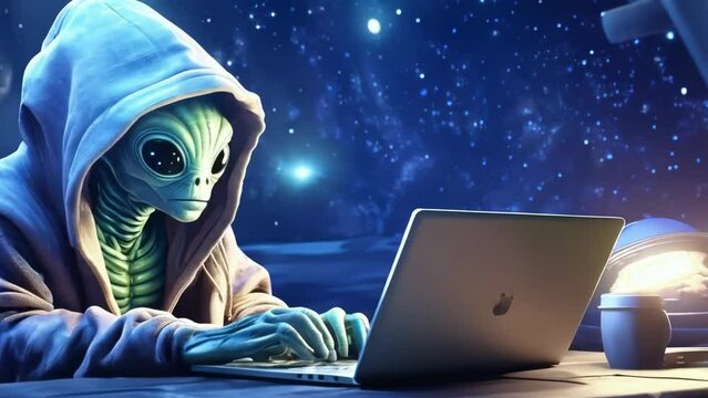 alien looking and using laptop. alien with notebook. 4k new stock video footage Ai.