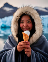 A warmly dressed Eskimo woman savors an ice cream cone against the backdrop of a glacier's chilly expanse.