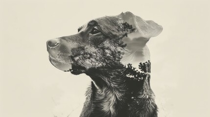 A dog with black and white fur is standing on grass, looking towards the camera. The dogs ears are perked up and its tail is wagging slightly. 