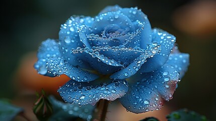   A close-up of a blue rose with droplets of water on it, and a lush green plant in the foreground