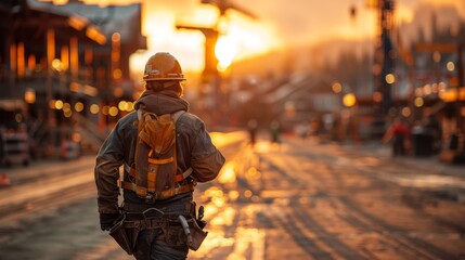 Construction Worker Walking Away from Sunset