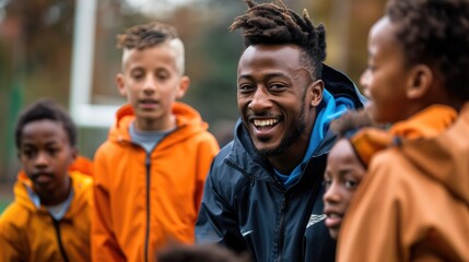 A man is kneeling holding a soccer ball in front of kids, teaching his pupils