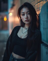 Obraz premium Woman Leaning Against Wall at Night