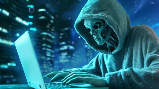 alien looking and using laptop. alien with notebook. 4k new stock video footage Ai.