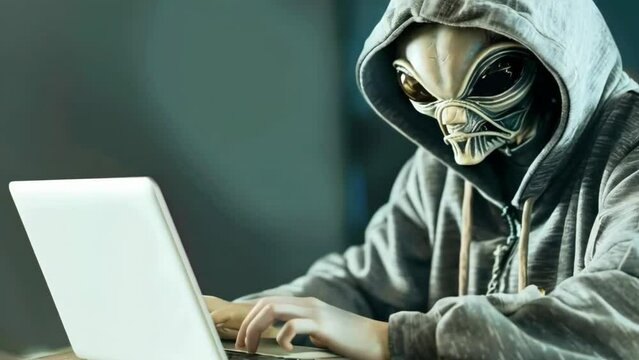 alien looking and using laptop. alien with notebook. 4k new stock video footage Ai.