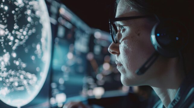 Engineers at a space agency conducting simulations and data analysis to predict potential challenges and outcomes for a future datacentric mission to a distant corner of the universe.