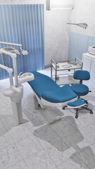 Empty interior of bright dentist clinic office with dental unit - comfortable chair and medical tools. Dentistry surgery room with modern equipment. With no people 3D illustration from my 3D rendering