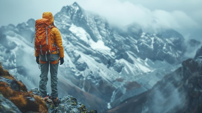 mountain rescue mission, a committed white female rescuer on a mountain, assisting an injured climber on a steep rock wall with challenging terrain, in a minimalist image with copy space