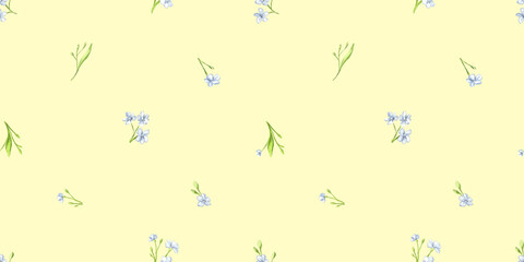 Vintage floral background. Seamless pattern for design and fashion prints on yellow background. Flowers pattern with small white and blue flowers. Ditsy style.