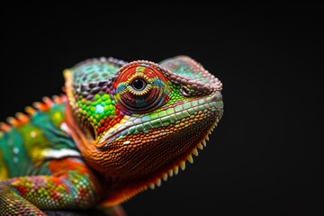 Fototapeta premium Mystic portrait of Chamaeleo calyptratus studio, copy space on right side, Anger, Menacing, Headshot, Close-up View Isolated on black background