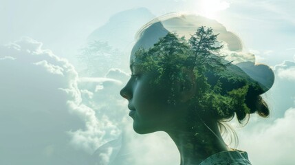 A happy woman with trees in her hair is artfully combined with a natural landscape in this double exposure image, showcasing the beauty of people in nature.