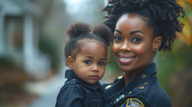 police officer helping child, in an urban setting, a courageous black female police officer supports a terrified child during a crisis, showing compassion in a simple photograph with space for text
