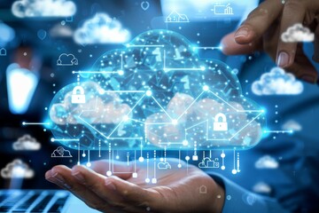 Hand presenting a holographic cloud network with locks, symbolizing secure cloud technology and data protection solutions in a blue digital environment.