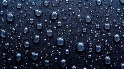   A black surface with a blue sky and numerous water droplets splashing onto it is depicted