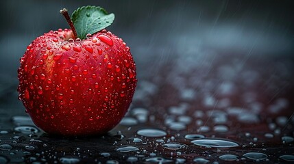   A red apple sits on a green leaf atop a table with raindrops - Powered by Adobe